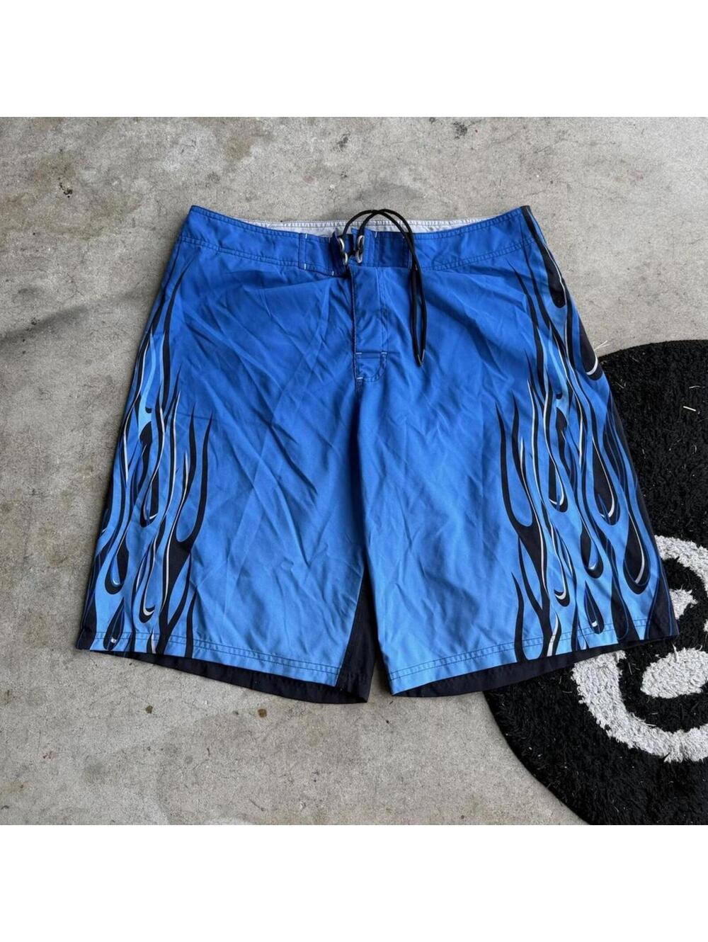 Y2K Vintage 90s Blue Flame Baggy Board Shorts